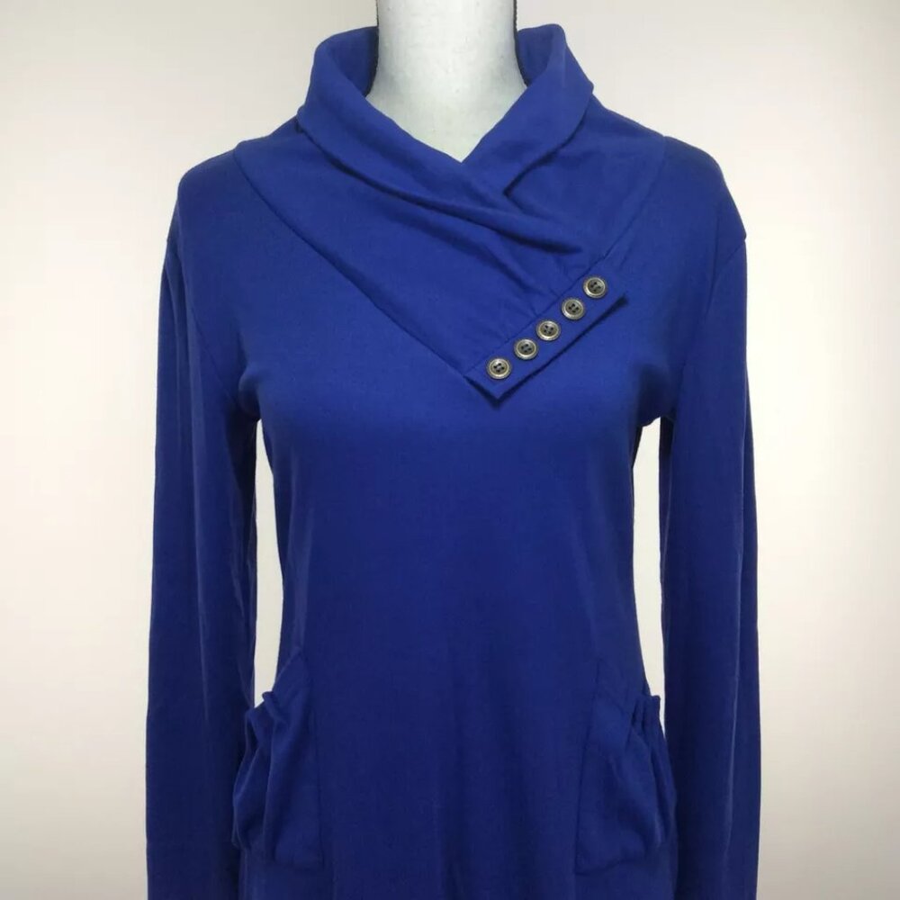 Vivilli Womens Tunic Top Size Medium Blue Pleated Pockets Long Sleeve